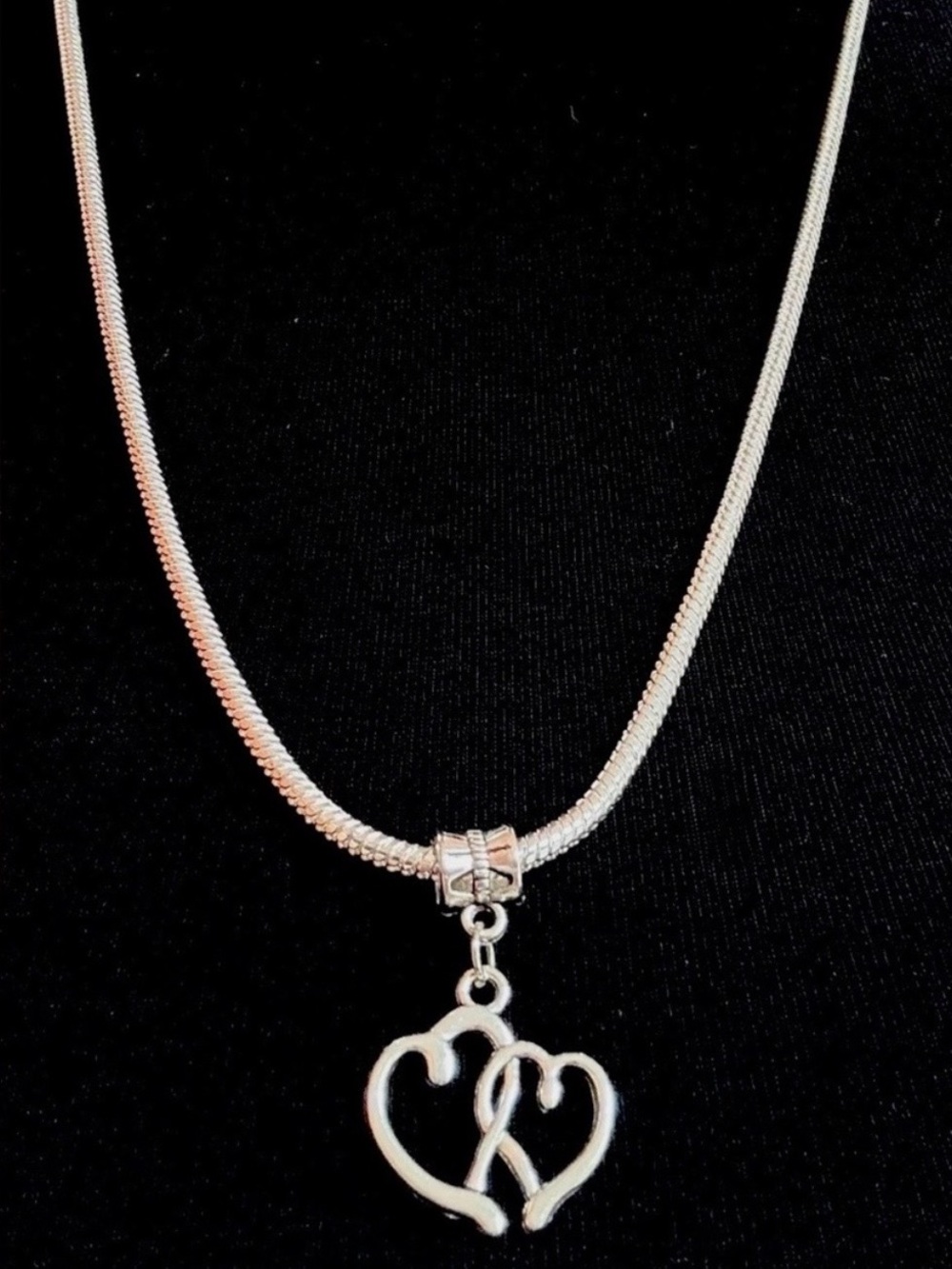 925 Sterling Silver snake chain necklace,double heart pendant.Unisex.22”/55 cm